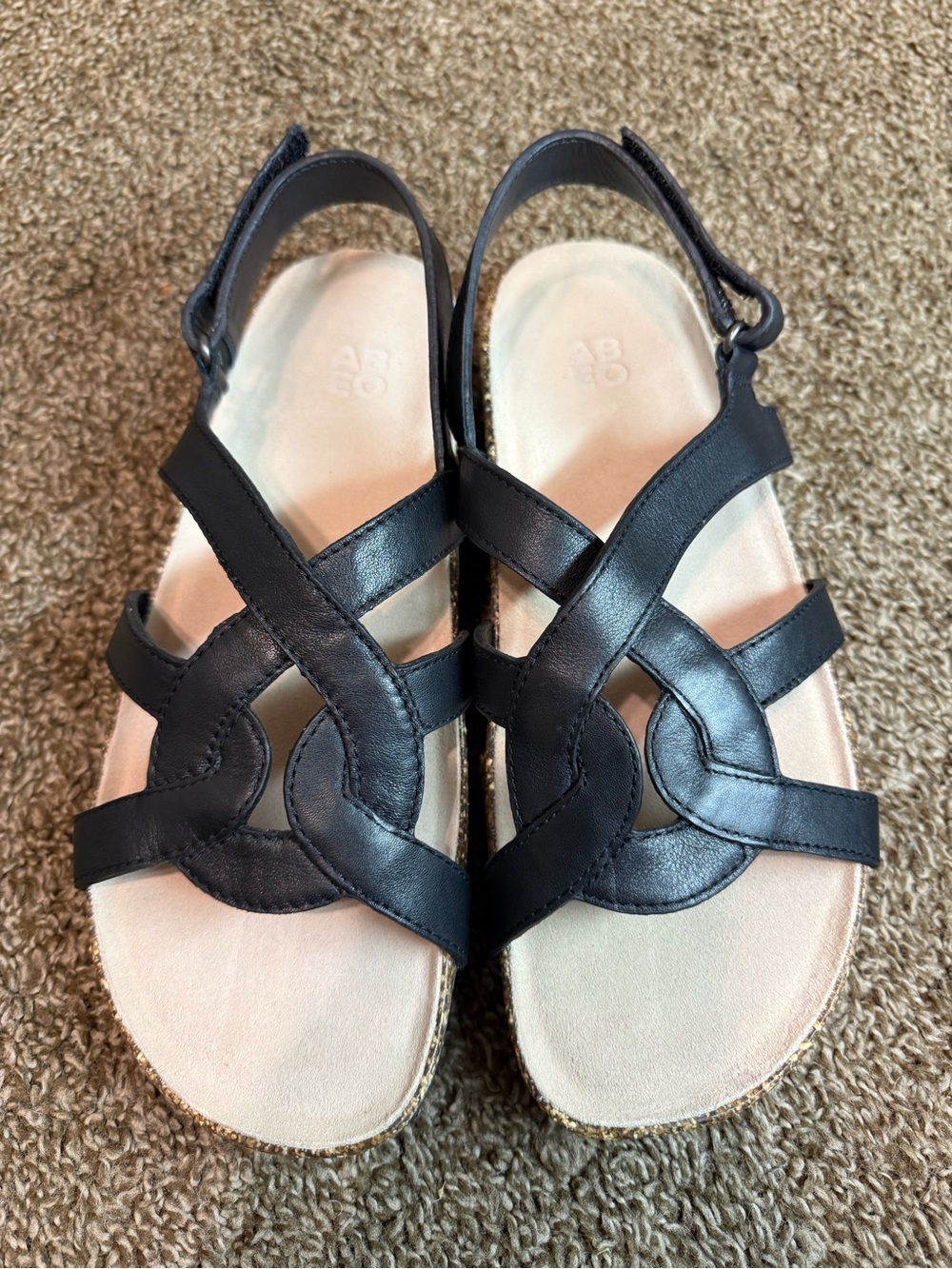 NWOT Abeo Black Leather Lacy Strappy Cork Sandals Orthotic Comfort
 Womens 10